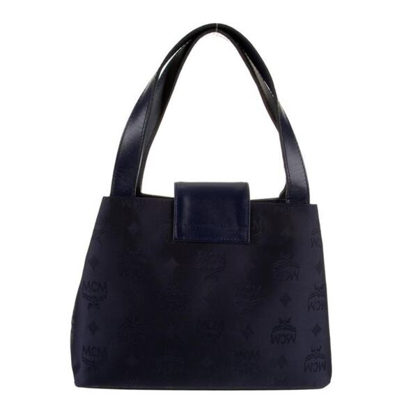 MCM Navy Blue Signature Jacquard and Leather Gold Hardware Satchel (MCXX161) - Picture 3 of 6